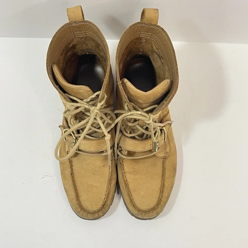 Polo Ralph Lauren Ranger Boots Size 8.5B Tan Leather Lace Up Buckle Combat Style